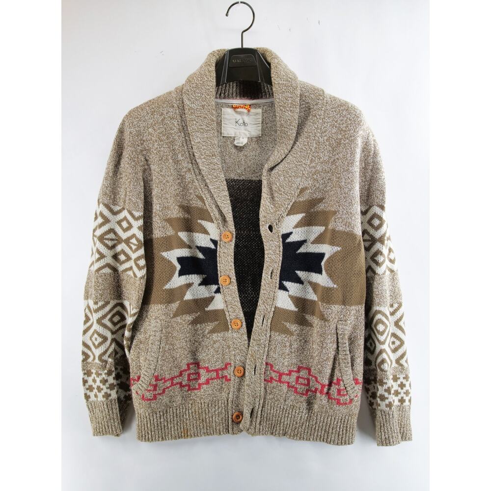 Koto Brown Cardigan Sweater V-Neck Long Sleeve Button Up Medium Aztec Print